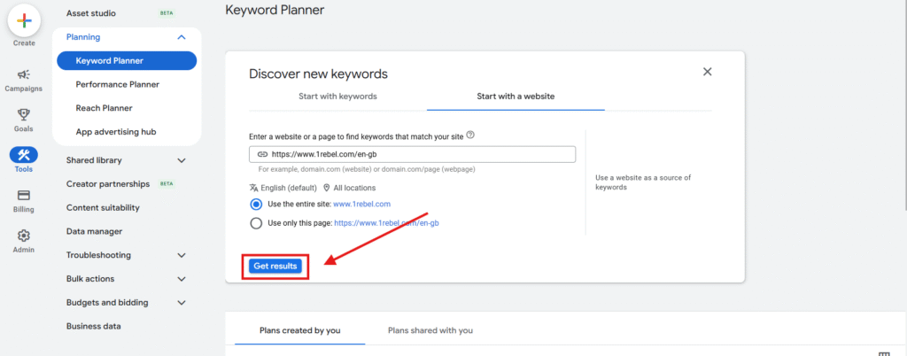 screenshot of Google keyword planner to discover new keywords with a competitor’s website