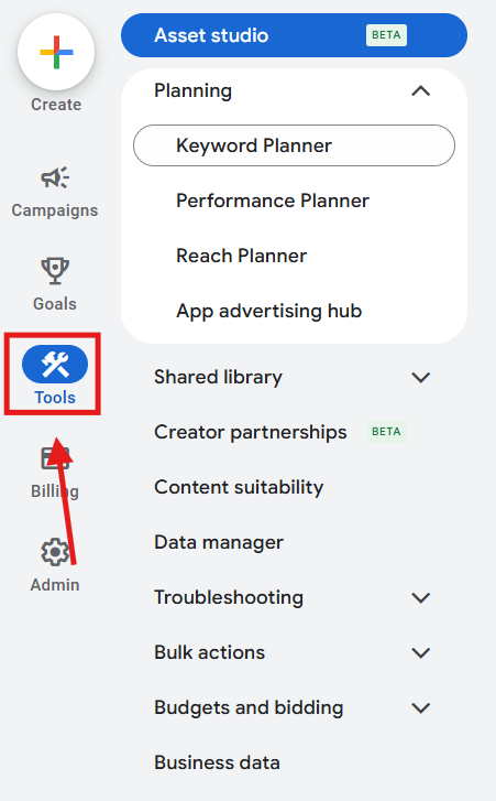 screenshot of Google keyword planner ‘tools’
