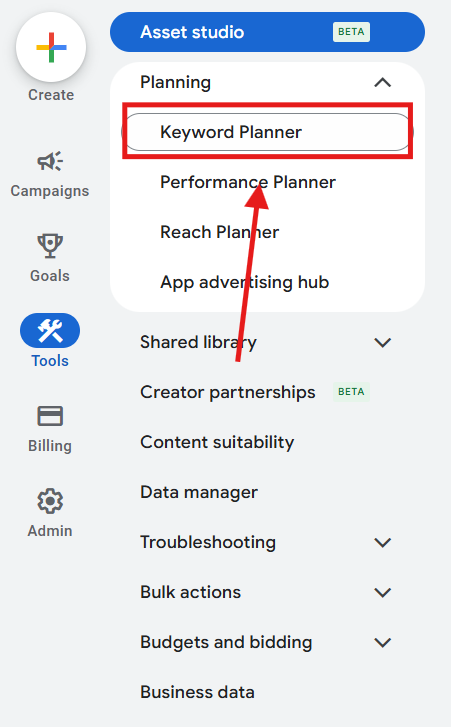 screenshot of Google keyword planner ‘keyword planner’