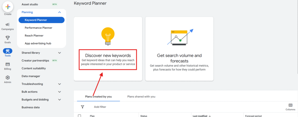 screenshot of Google keyword planner ‘discover new keywords’