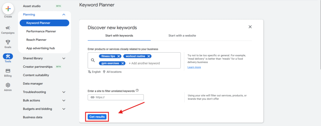  screenshot of Google keyword planner discover new keywords ‘get results’
