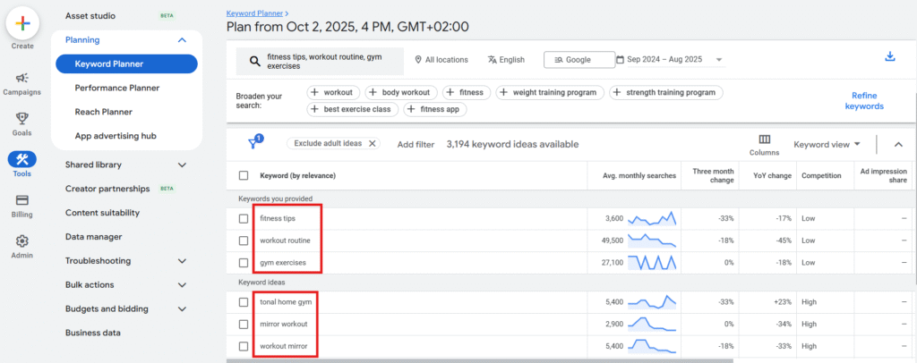  screenshot of Google keyword planner with my keywords and new keyword ideas