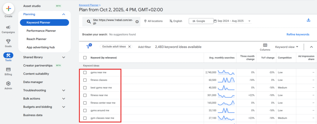 screenshot of Google keyword planner with keyword ideas from a competitor’s website