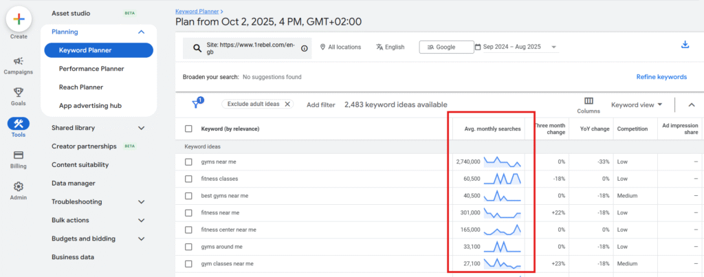screenshot of Google keyword planner with monthly search volume