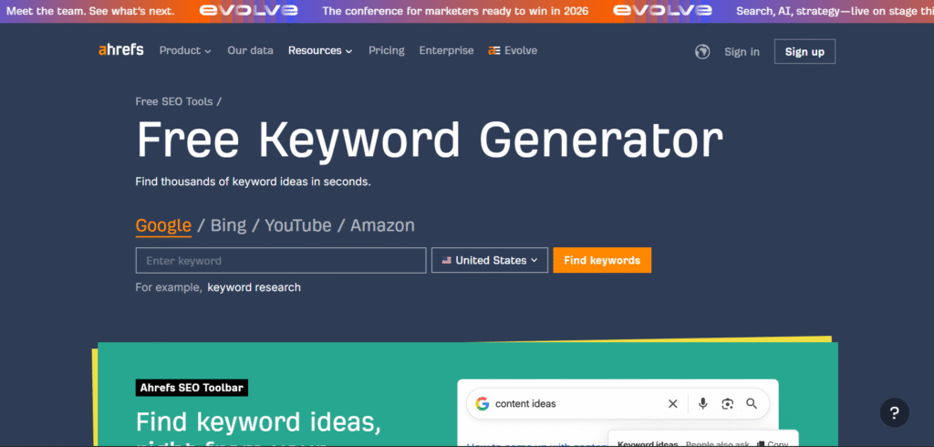 screenshot of ahrefs’ free keyword generator