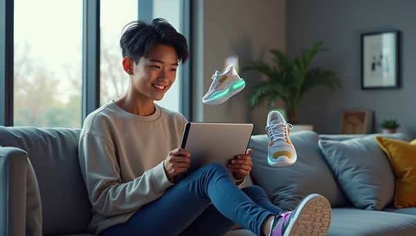 A person sitting cross-legged on a sofa, holding a tablet. Two floating virtual sneakers are displayed in the air in front of them, suggesting an augmented reality application. The setting appears to be a comfortable living room with large windows and modern decor. 