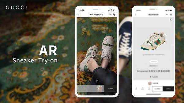 Gucci AR Sneaker Try-on advertisement showing two smartphone screens. The first screen displays a person's legs with virtual Gucci sneakers applied using augmented reality, while the second screen shows a digital product page for the sneaker. The background features a patterned carpet, and the text reads 'GUCCI AR Sneaker Try-on'.